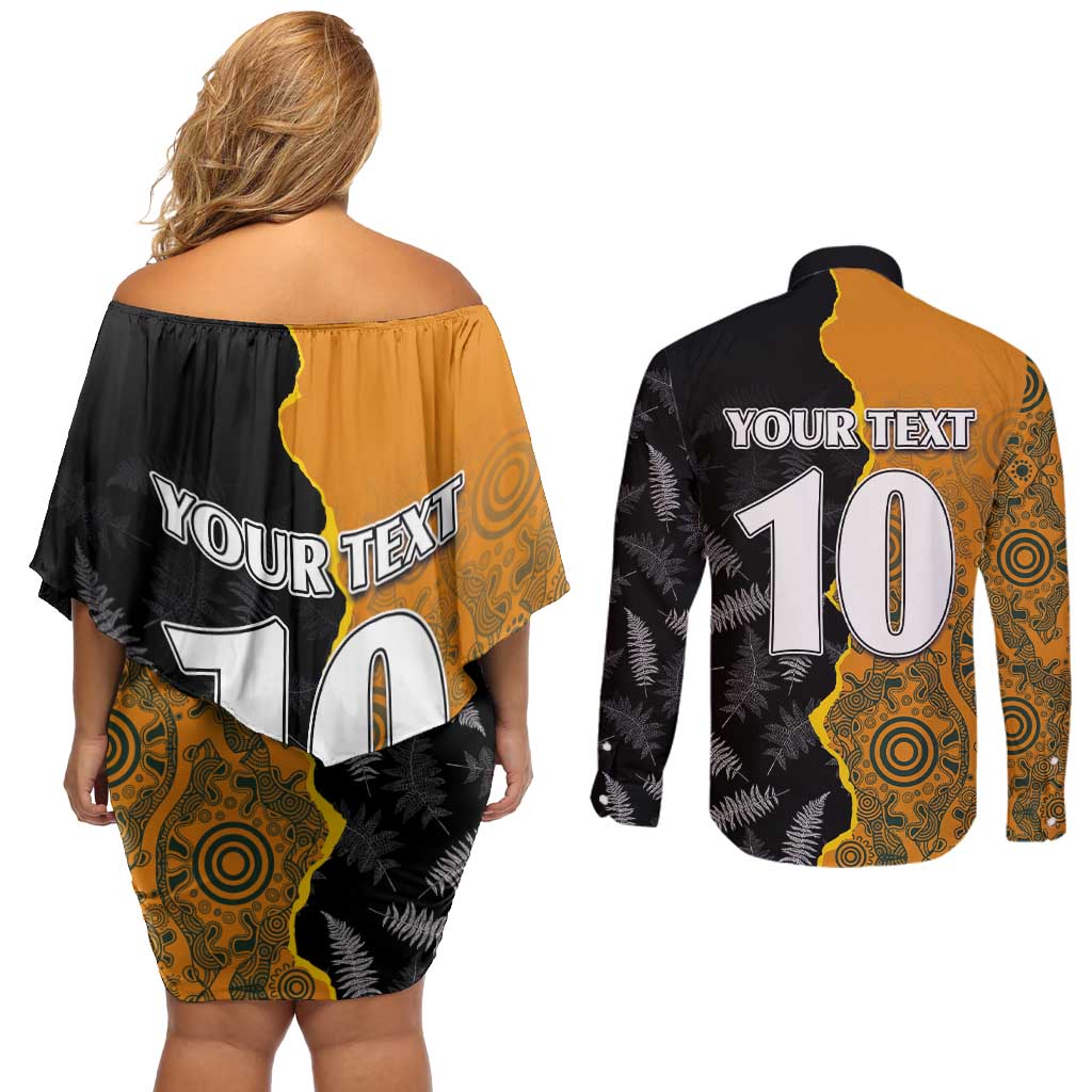 Custom New Zealand and Australia Rugby Championship 2024 Couples Matching Off Shoulder Short Dress and Long Sleeve Button Shirt Maori Warrior and Kangaroo Mascot with Fern Aboriginal LT03 - Polynesian Pride