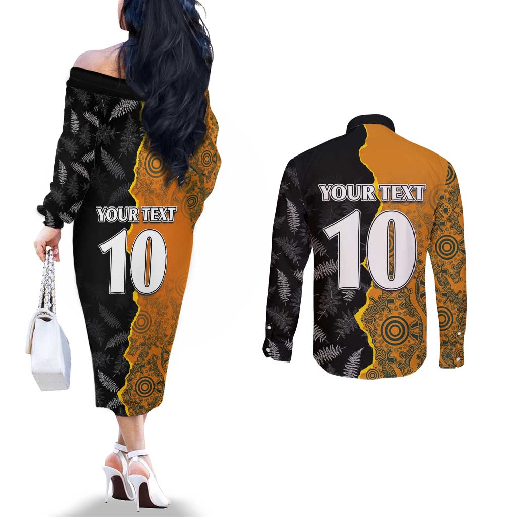 Custom New Zealand and Australia Rugby Championship 2024 Couples Matching Off The Shoulder Long Sleeve Dress and Long Sleeve Button Shirt Maori Warrior and Kangaroo Mascot with Fern Aboriginal