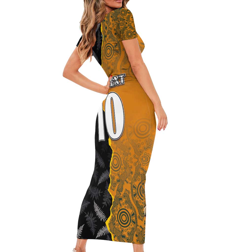 Custom New Zealand and Australia Rugby Championship 2024 Family Matching Short Sleeve Bodycon Dress and Hawaiian Shirt Maori Warrior and Kangaroo Mascot with Fern Aboriginal