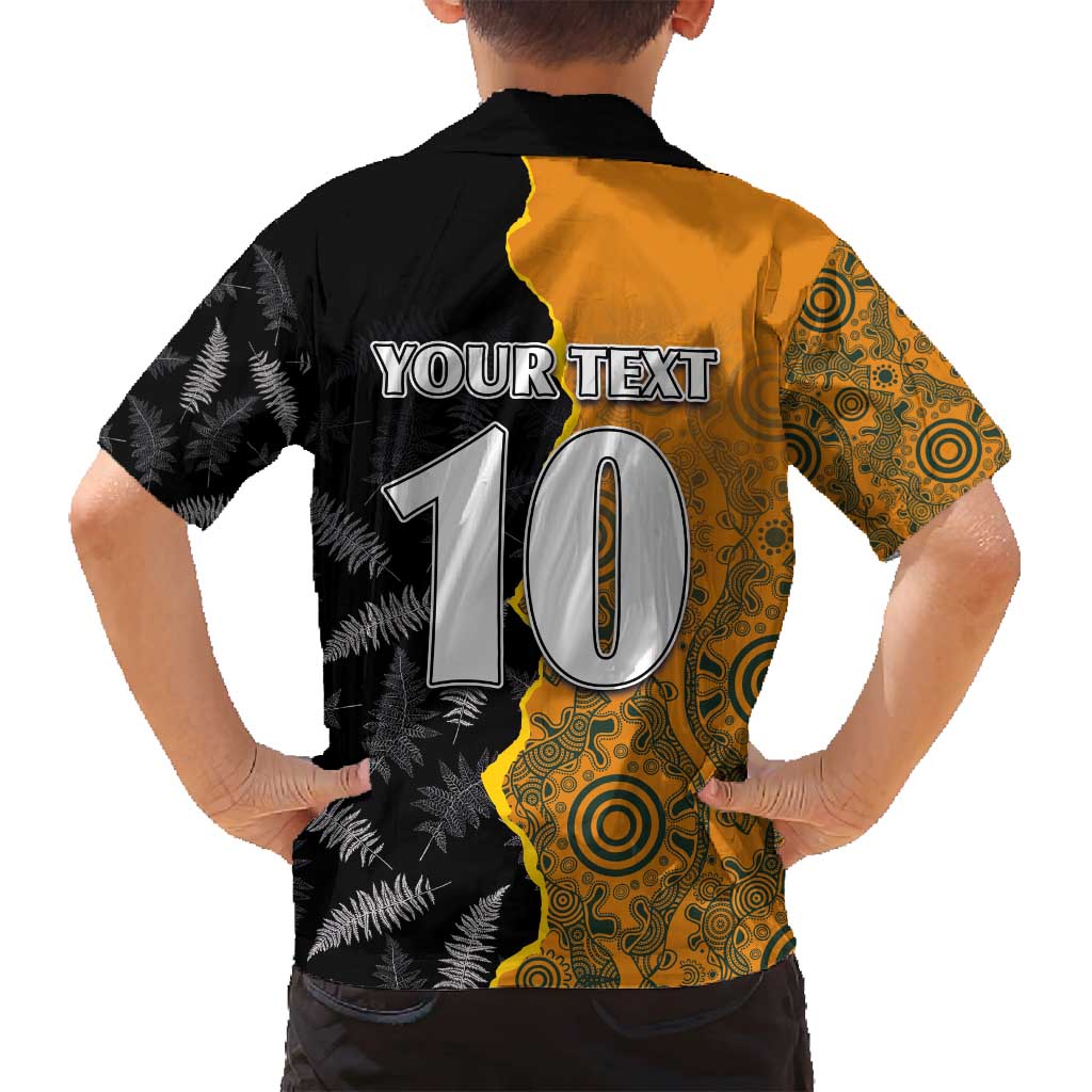Custom New Zealand and Australia Rugby Championship 2024 Family Matching Summer Maxi Dress and Hawaiian Shirt Maori Warrior and Kangaroo Mascot with Fern Aboriginal