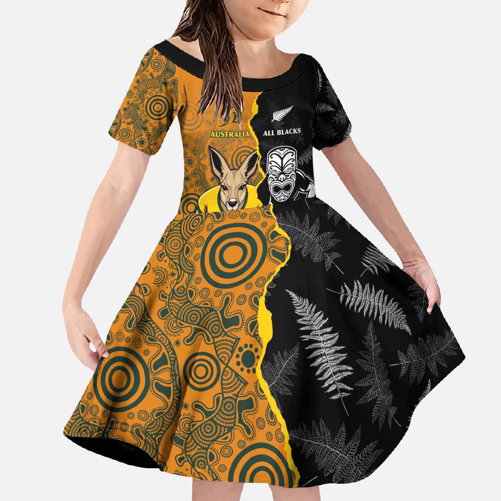Custom New Zealand and Australia Rugby Championship 2024 Family Matching Tank Maxi Dress and Hawaiian Shirt Maori Warrior and Kangaroo Mascot with Fern Aboriginal LT03 Daughter's Dress Black - Polynesian Pride