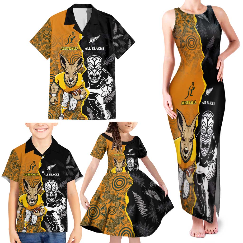 Custom New Zealand and Australia Rugby Championship 2024 Family Matching Tank Maxi Dress and Hawaiian Shirt Maori Warrior and Kangaroo Mascot with Fern Aboriginal LT03 - Polynesian Pride