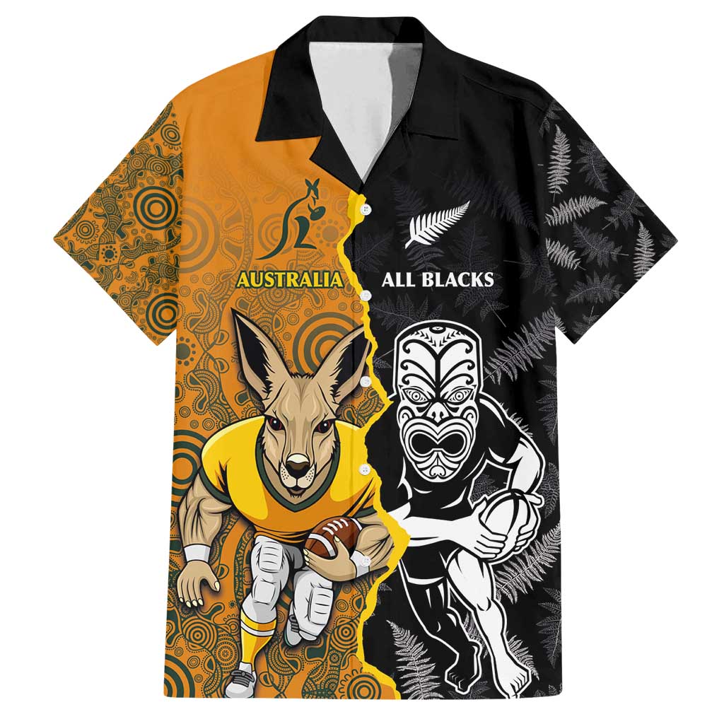 Custom New Zealand and Australia Rugby Championship 2024 Family Matching Tank Maxi Dress and Hawaiian Shirt Maori Warrior and Kangaroo Mascot with Fern Aboriginal LT03 Dad's Shirt - Short Sleeve Black - Polynesian Pride