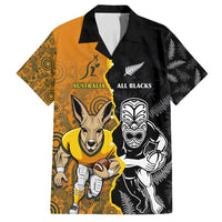 Custom New Zealand and Australia Rugby Championship 2024 Family Matching Tank Maxi Dress and Hawaiian Shirt Maori Warrior and Kangaroo Mascot with Fern Aboriginal LT03 Dad's Shirt - Short Sleeve Black - Polynesian Pride