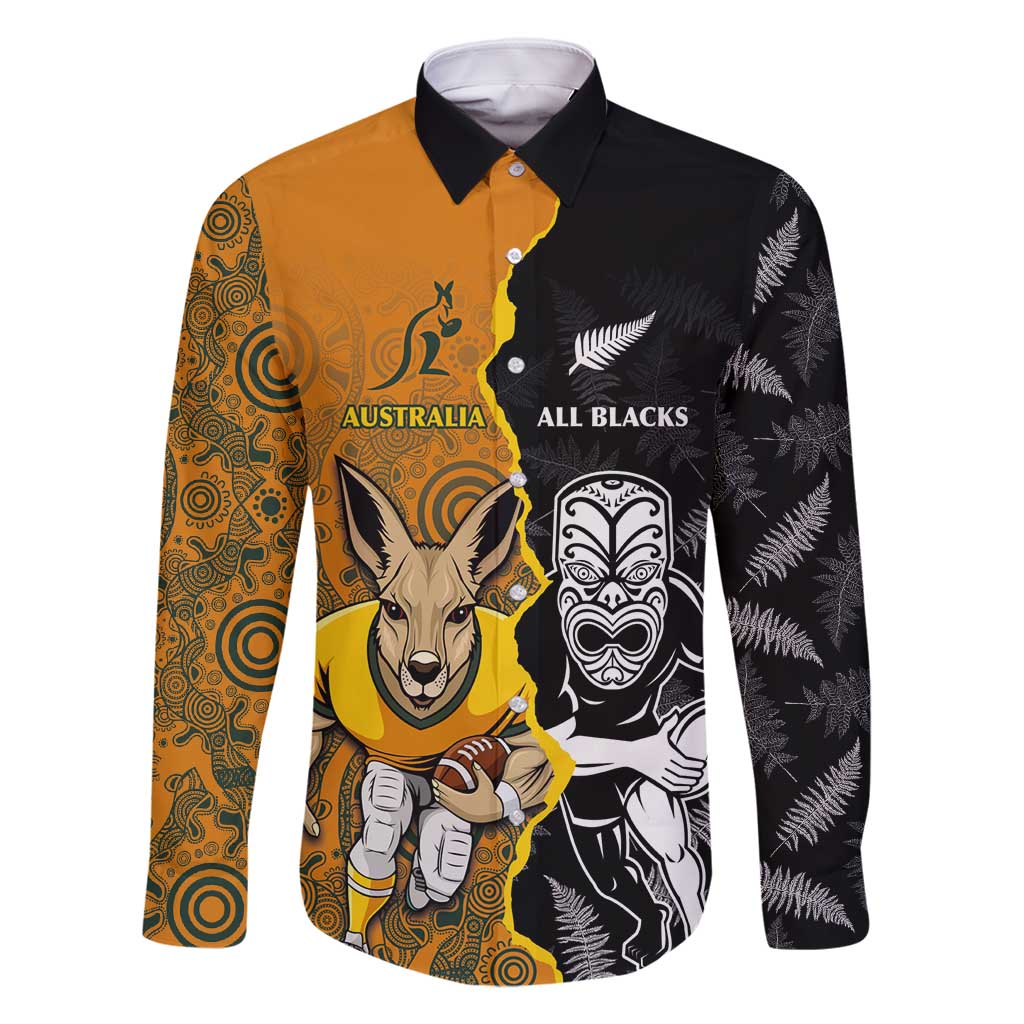 Custom New Zealand and Australia Rugby Championship 2024 Family Matching Tank Maxi Dress and Hawaiian Shirt Maori Warrior and Kangaroo Mascot with Fern Aboriginal LT03 Dad's Shirt - Long Sleeve Black - Polynesian Pride