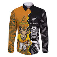 Custom New Zealand and Australia Rugby Championship 2024 Family Matching Tank Maxi Dress and Hawaiian Shirt Maori Warrior and Kangaroo Mascot with Fern Aboriginal LT03 Dad's Shirt - Long Sleeve Black - Polynesian Pride