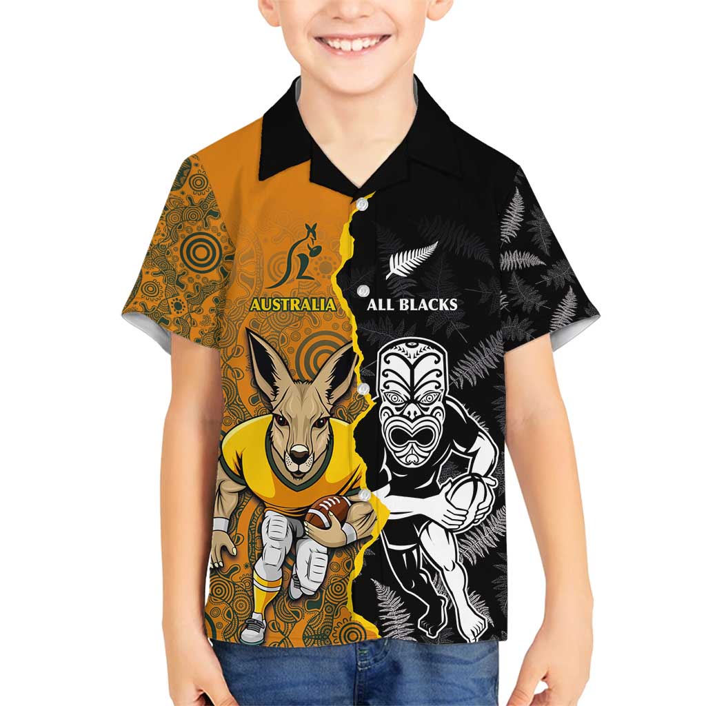 Custom New Zealand and Australia Rugby Championship 2024 Family Matching Tank Maxi Dress and Hawaiian Shirt Maori Warrior and Kangaroo Mascot with Fern Aboriginal LT03 Son's Shirt Black - Polynesian Pride