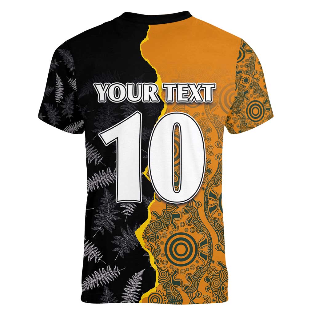 Custom New Zealand and Australia Rugby Championship 2024 Women V-Neck T-Shirt Maori Warrior and Kangaroo Mascot with Fern Aboriginal