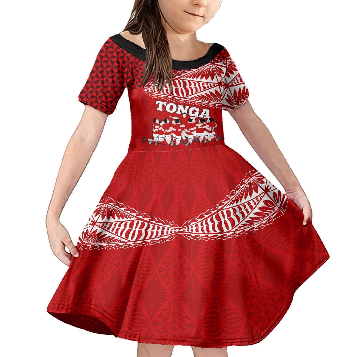 Tonga Rugby Family Matching Mermaid Dress and Hawaiian Shirt Sipi Tau Dance Ngatu Pattern LT03 Daughter's Dress Red - Polynesian Pride