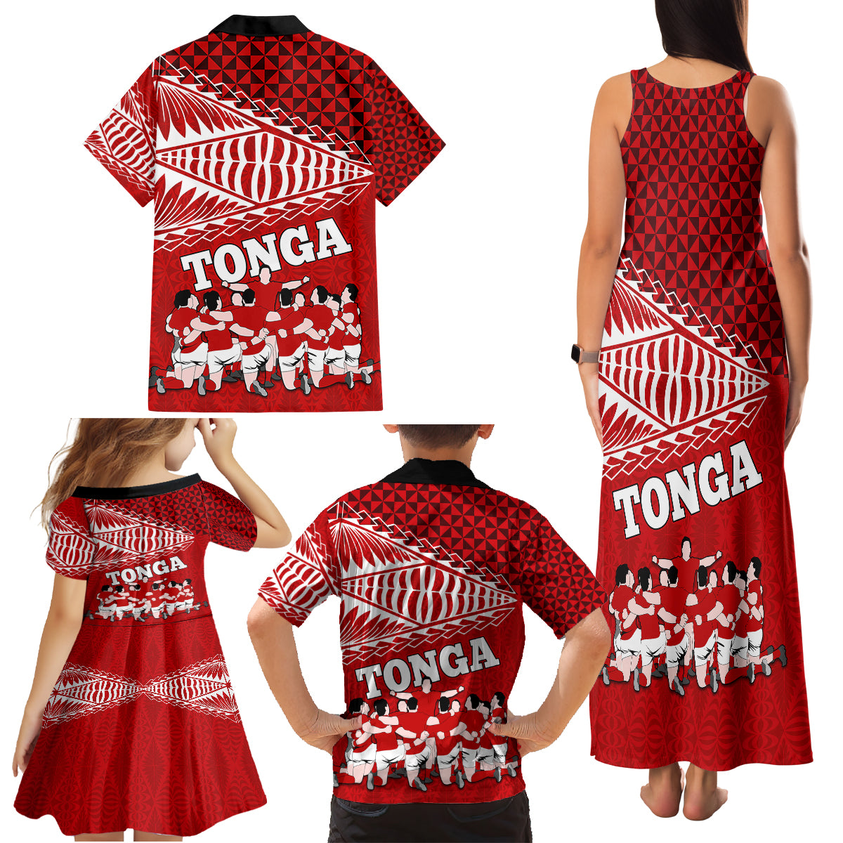 Tonga Rugby Family Matching Tank Maxi Dress and Hawaiian Shirt Sipi Tau Dance Ngatu Pattern LT03 - Polynesian Pride