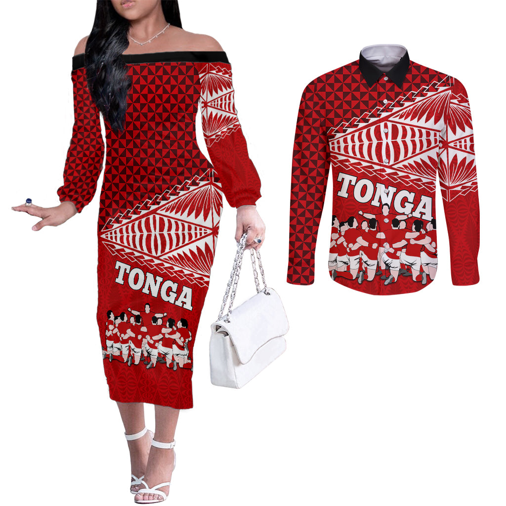 personalised-tonga-rugby-couples-matching-off-the-shoulder-long-sleeve-dress-and-long-sleeve-button-shirts-sipi-tau-dance-ngatu-pattern