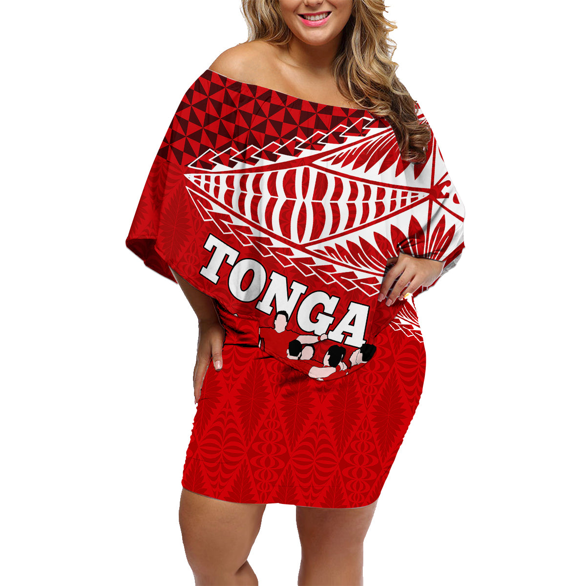 Personalised Tonga Rugby Family Matching Off Shoulder Short Dress and Hawaiian Shirt Sipi Tau Dance Ngatu Pattern LT03 Mom's Dress Red - Polynesian Pride
