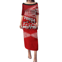 Personalised Tonga Rugby Family Matching Puletasi Dress and Hawaiian Shirt Sipi Tau Dance Ngatu Pattern LT03 Mom's Dress Red - Polynesian Pride
