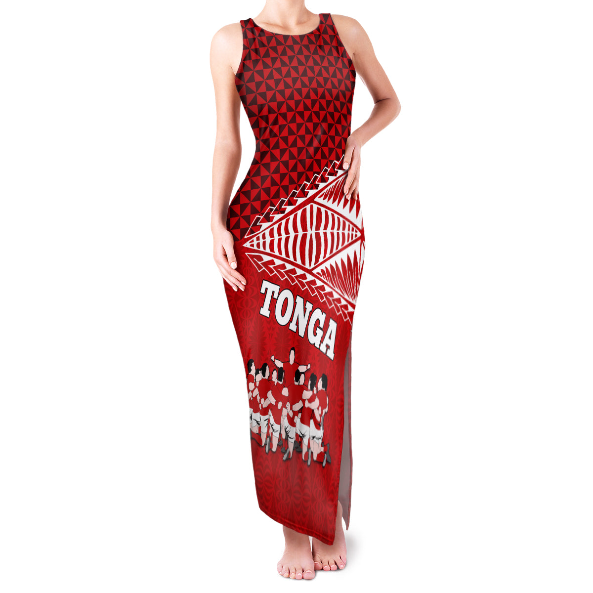 Personalised Tonga Rugby Family Matching Tank Maxi Dress and Hawaiian Shirt Sipi Tau Dance Ngatu Pattern LT03 Mom's Dress Red - Polynesian Pride