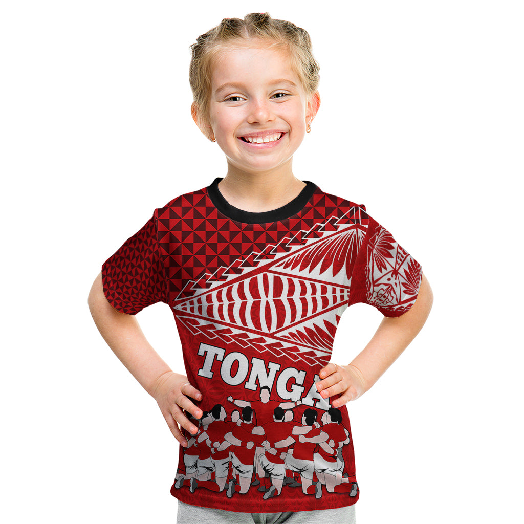 Personalised Tonga Rugby Kid T Shirt Sipi Tau Dance Ngatu Pattern LT03 Red - Polynesian Pride