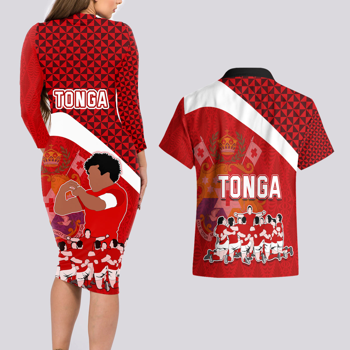 tonga-rugby-couples-matching-long-sleeve-bodycon-dress-and-hawaiian-shirt-sipi-tau-dance-coat-of-arms-ngatu-pattern