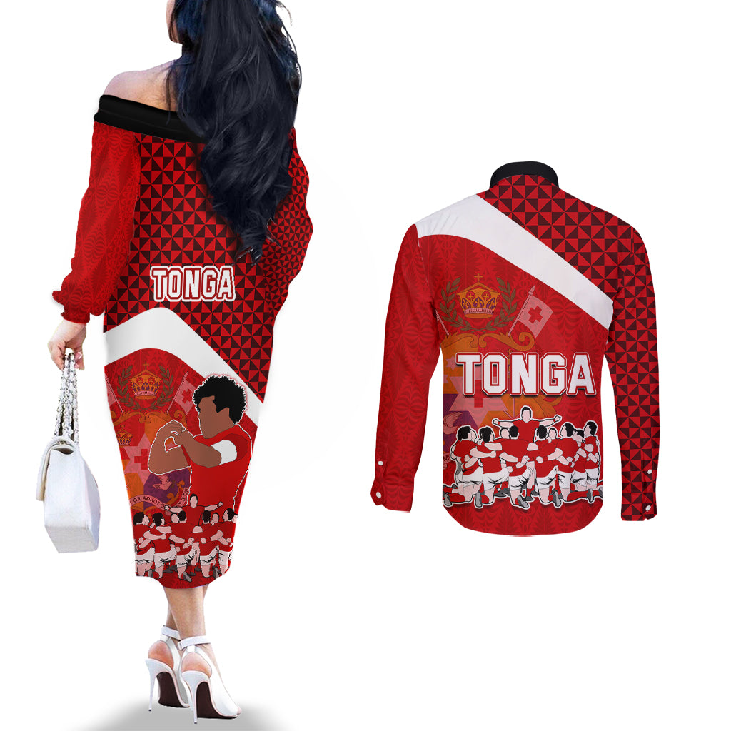 tonga-rugby-couples-matching-off-the-shoulder-long-sleeve-dress-and-long-sleeve-button-shirts-sipi-tau-dance-coat-of-arms-ngatu-pattern