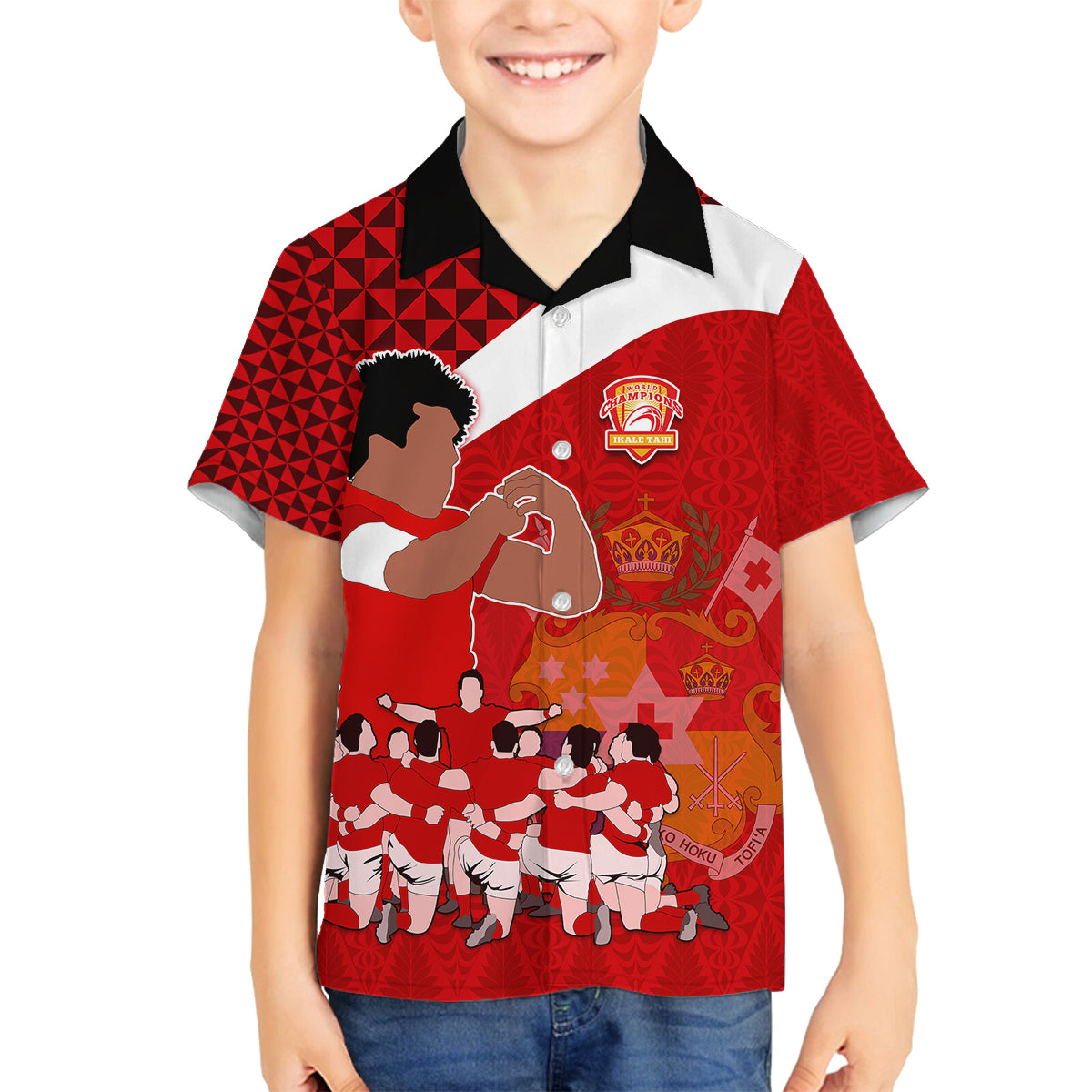 Tonga Rugby Family Matching Off Shoulder Short Dress and Hawaiian Shirt Sipi Tau Dance Coat of Arms Ngatu Pattern LT03 Son's Shirt Red - Polynesian Pride