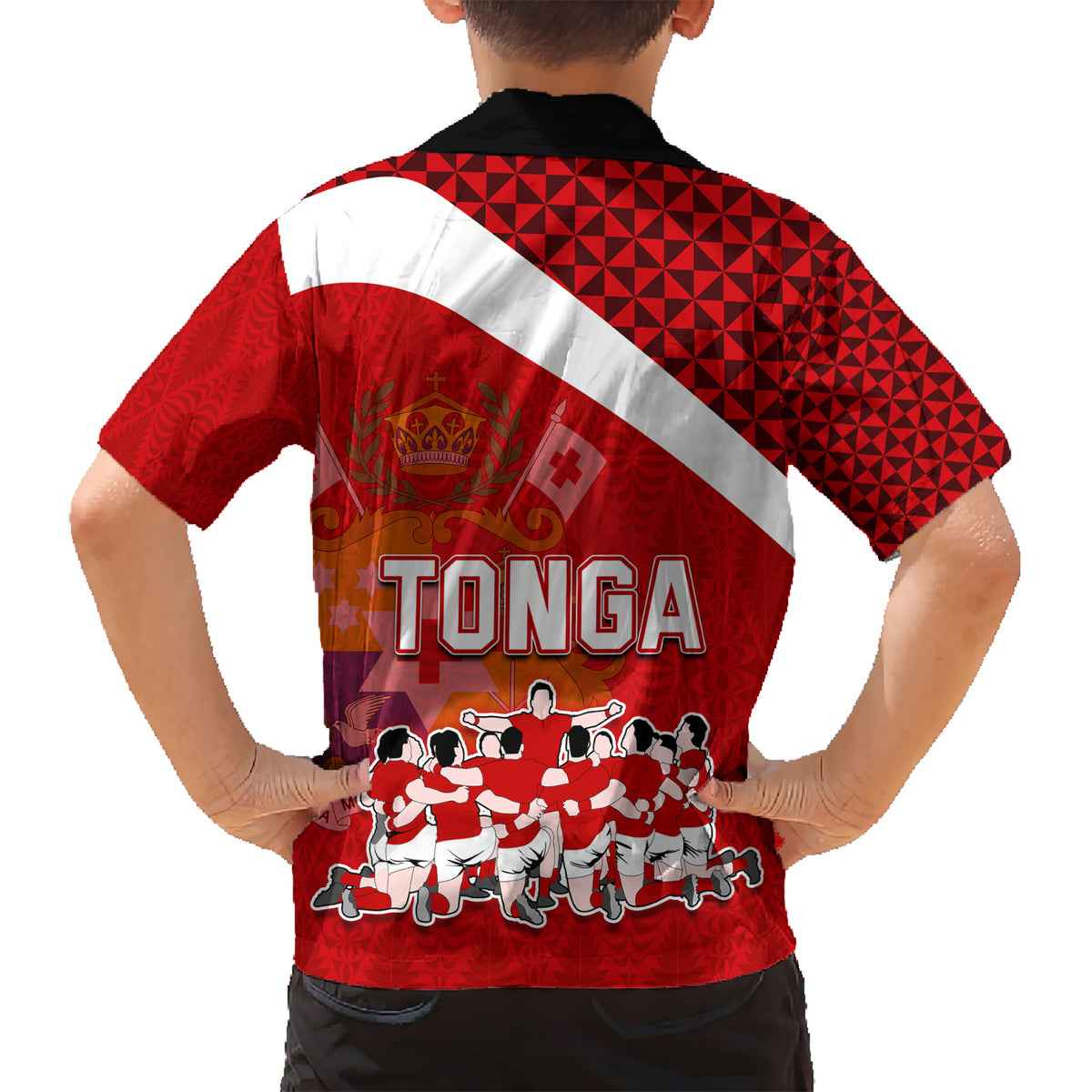 tonga-rugby-kid-hawaiian-shirt-sipi-tau-dance-coat-of-arms-ngatu-pattern