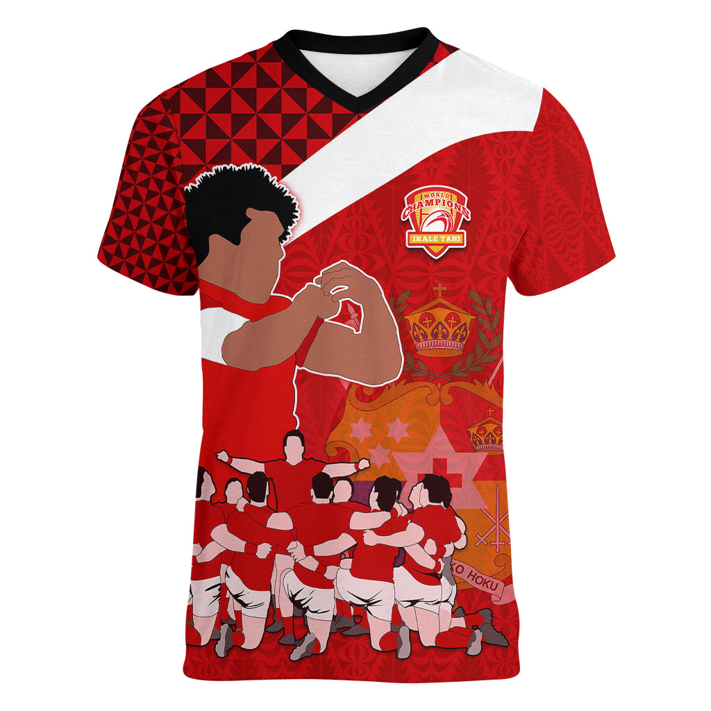 tonga-rugby-women-v-neck-t-shirt-sipi-tau-dance-coat-of-arms-ngatu-pattern