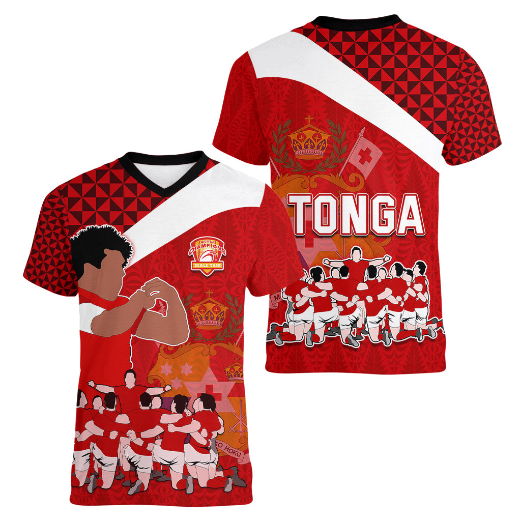 tonga-rugby-women-v-neck-t-shirt-sipi-tau-dance-coat-of-arms-ngatu-pattern
