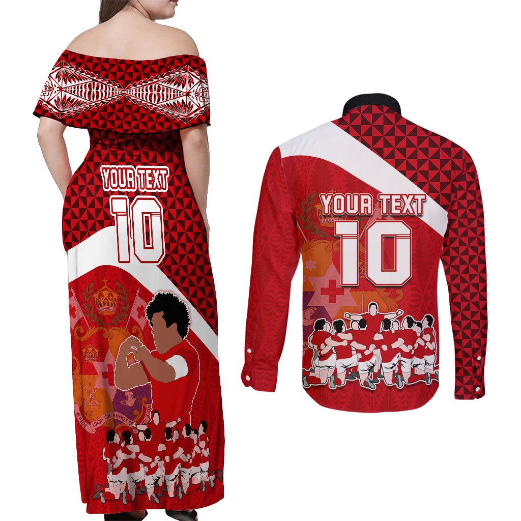 personalised-tonga-rugby-couples-matching-off-shoulder-maxi-dress-and-long-sleeve-button-shirts-sipi-tau-dance-coat-of-arms-ngatu-pattern