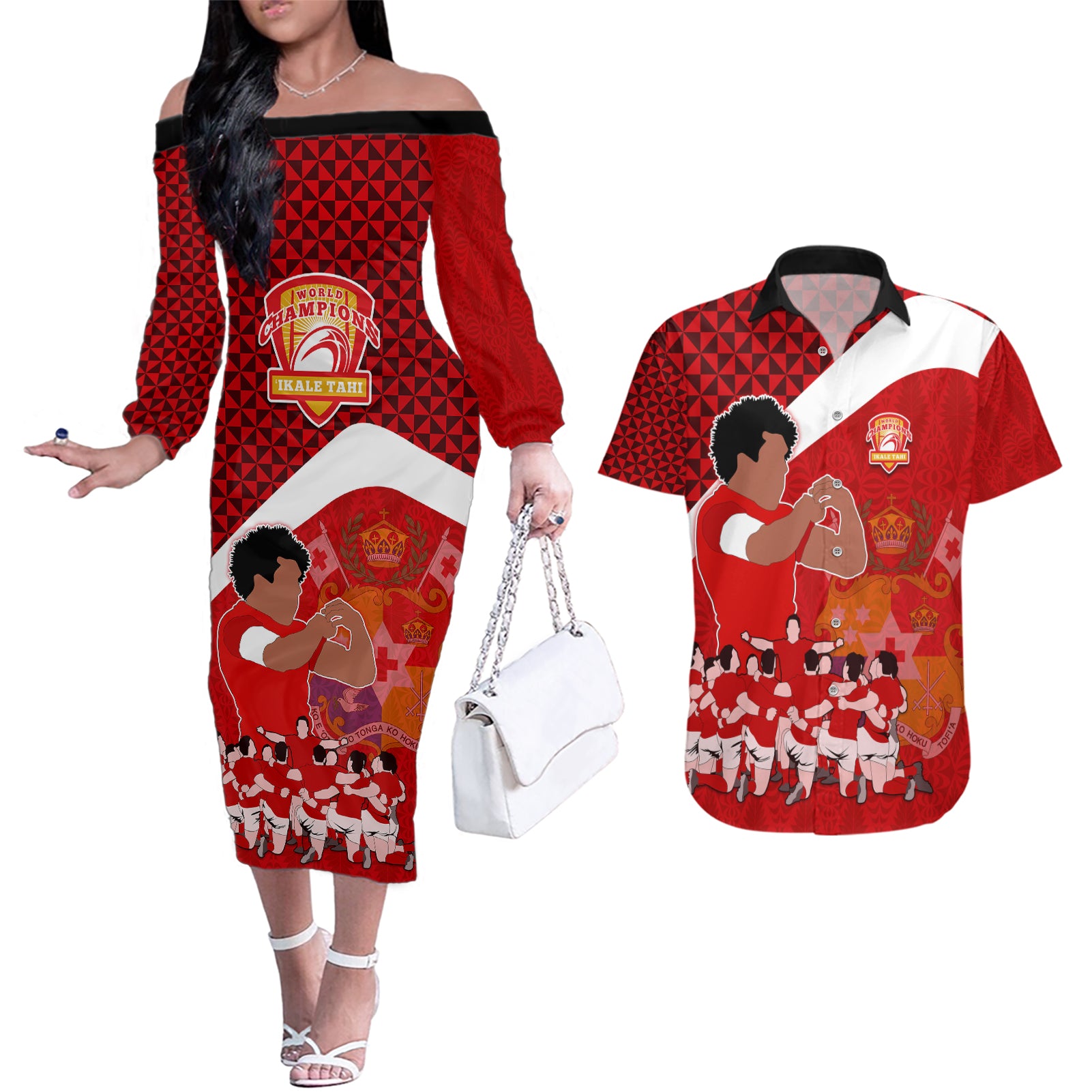 personalised-tonga-rugby-couples-matching-off-the-shoulder-long-sleeve-dress-and-hawaiian-shirt-sipi-tau-dance-coat-of-arms-ngatu-pattern