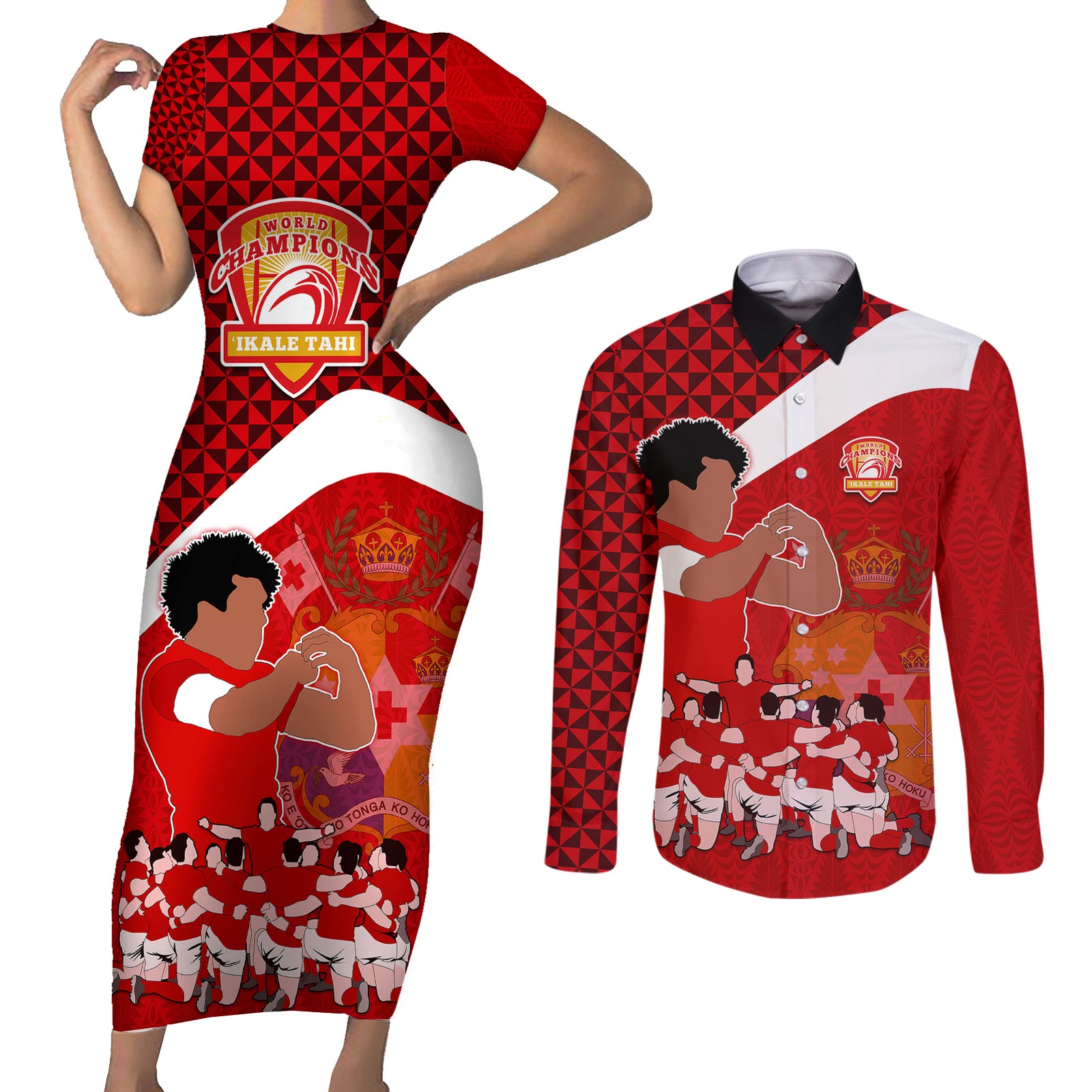 personalised-tonga-rugby-couples-matching-short-sleeve-bodycon-dress-and-long-sleeve-button-shirts-sipi-tau-dance-coat-of-arms-ngatu-pattern
