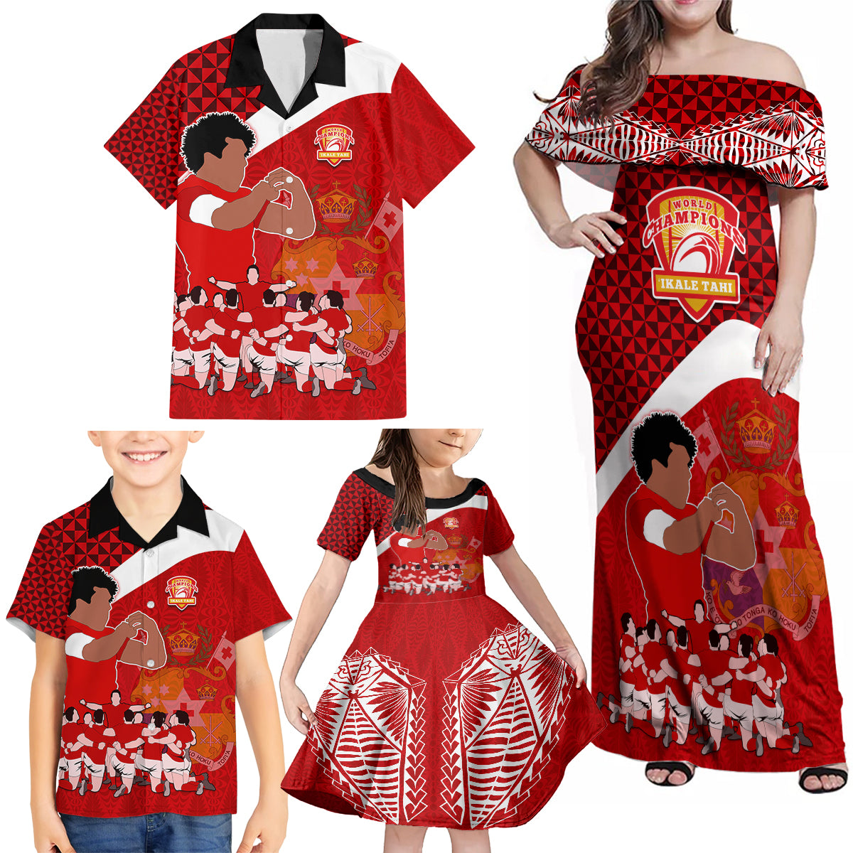 Personalised Tonga Rugby Family Matching Off Shoulder Maxi Dress and Hawaiian Shirt Sipi Tau Dance Coat of Arms Ngatu Pattern LT03 - Polynesian Pride