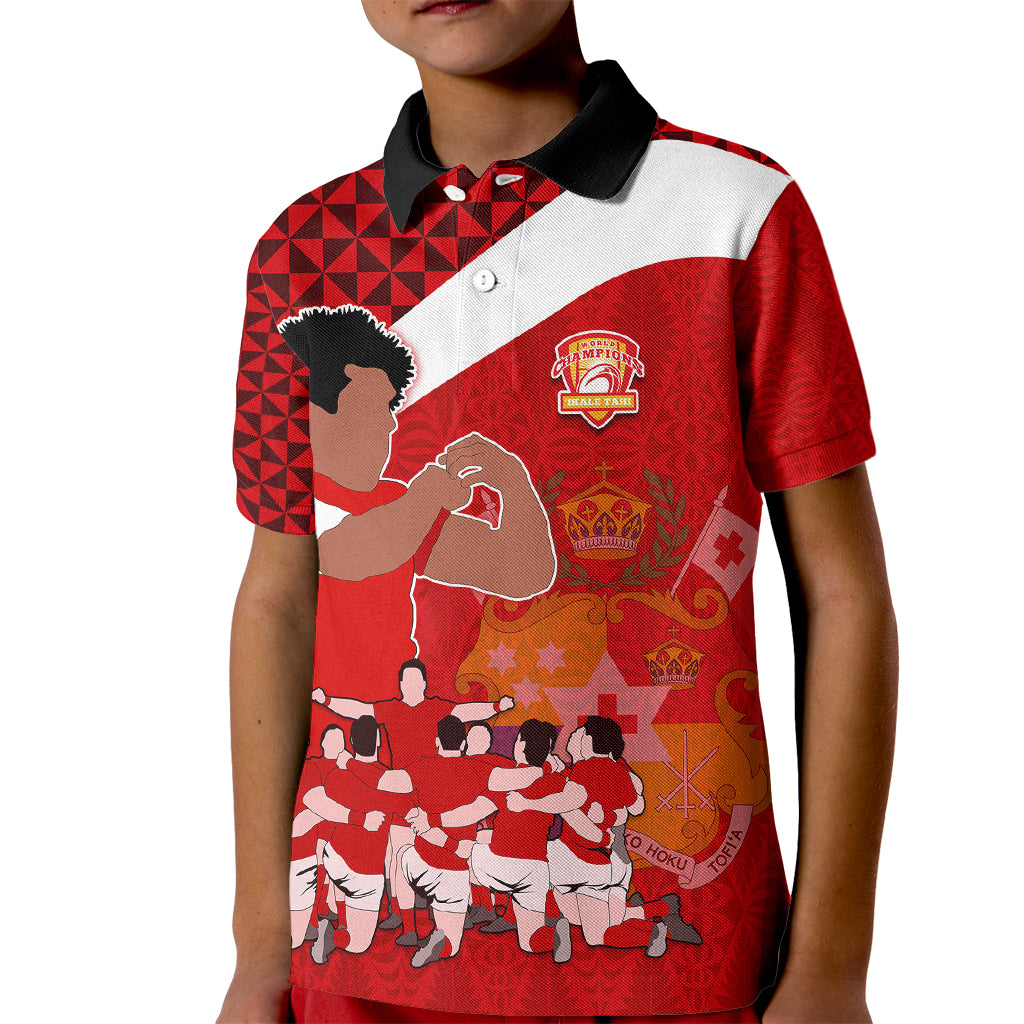 Personalised Tonga Rugby Kid Polo Shirt Sipi Tau Dance Coat of Arms Ngatu Pattern LT03 Kid Red - Polynesian Pride
