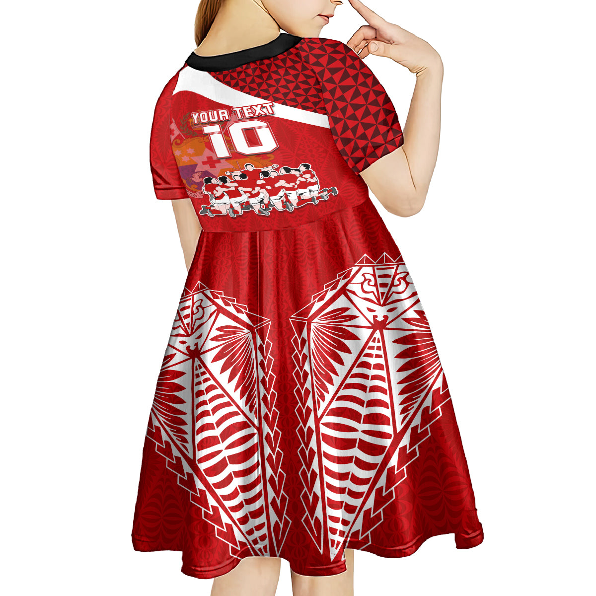 personalised-tonga-rugby-kid-short-sleeve-dress-sipi-tau-dance-coat-of-arms-ngatu-pattern