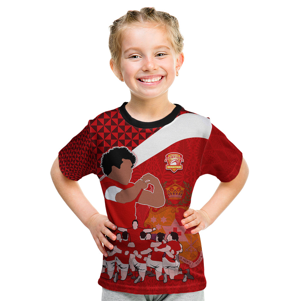 Personalised Tonga Rugby Kid T Shirt Sipi Tau Dance Coat of Arms Ngatu Pattern LT03 Red - Polynesian Pride
