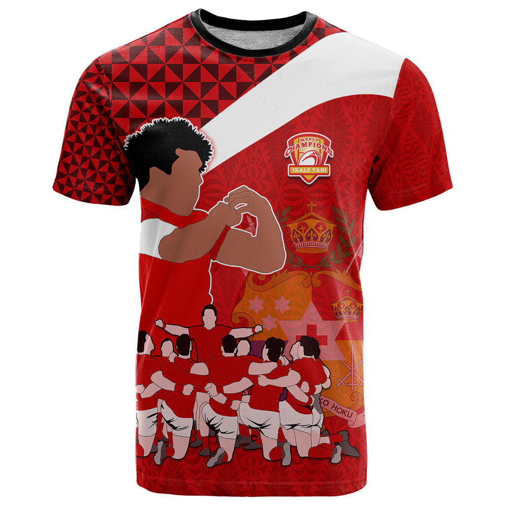 Personalised Tonga Rugby T Shirt Sipi Tau Dance Coat of Arms Ngatu Pattern LT03 Red - Polynesian Pride