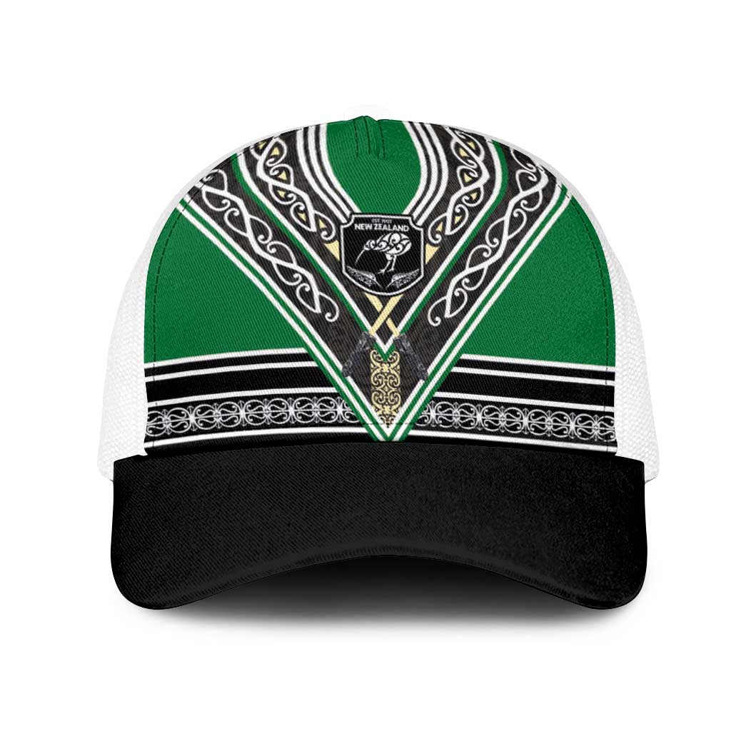 New Zealand Maori Rugby Mesh Trucker Cap Aotearoa Koru Geometric - Naturalistic Green LT03 One Size White Green - Polynesian Pride