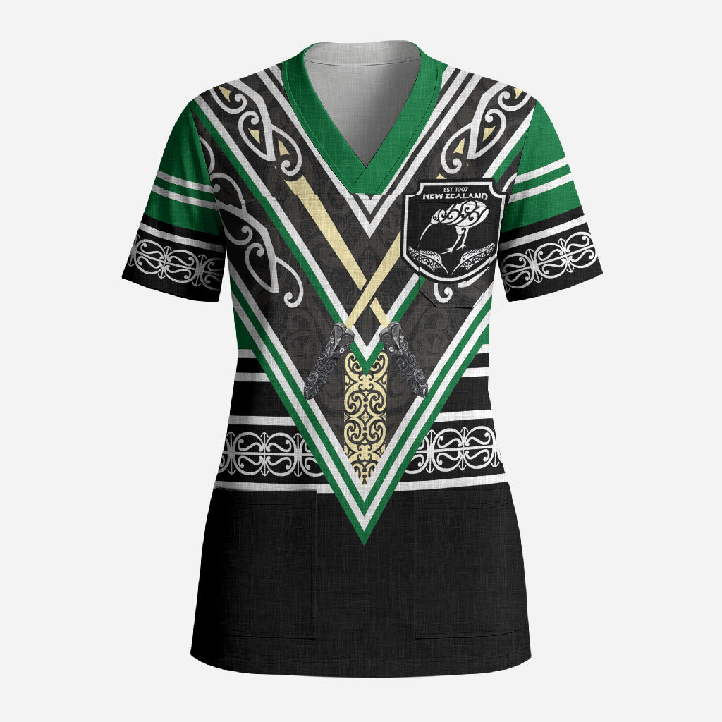 New Zealand Maori Rugby Custom Scrub Top Aotearoa Koru Geometric - Naturalistic Green LT03 Adult Green - Polynesian Pride