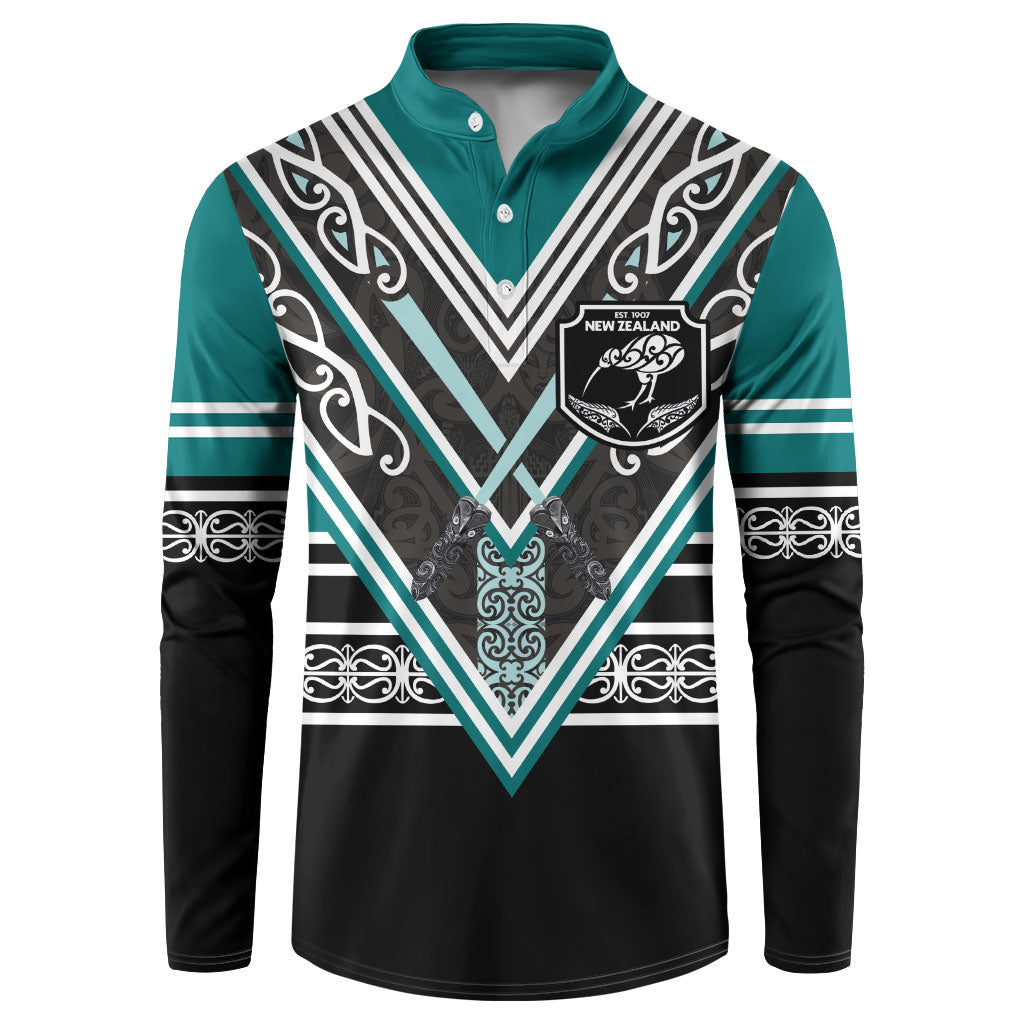 New Zealand Maori Rugby Custom Button Sweatshirt Aotearoa Koru Geometric - Oceanic Color LT03 Turquoise - Polynesian Pride