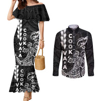 Cook Islands Va'a Polynesian Art Tattoo Couples Matching Mermaid Dress and Long Sleeve Button Shirt Black Color LT03 Black - Polynesian Pride