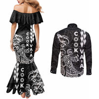 Cook Islands Va'a Polynesian Art Tattoo Couples Matching Mermaid Dress and Long Sleeve Button Shirt Black Color LT03 - Polynesian Pride