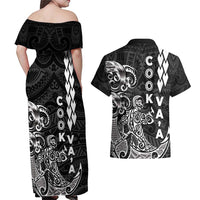 Cook Islands Vaa Polynesian Art Tattoo Couples Matching Off Shoulder Maxi Dress and Hawaiian Shirt Black Color