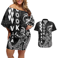 Cook Islands Va'a Polynesian Art Tattoo Couples Matching Off Shoulder Short Dress and Hawaiian Shirt Black Color LT03 Black - Polynesian Pride