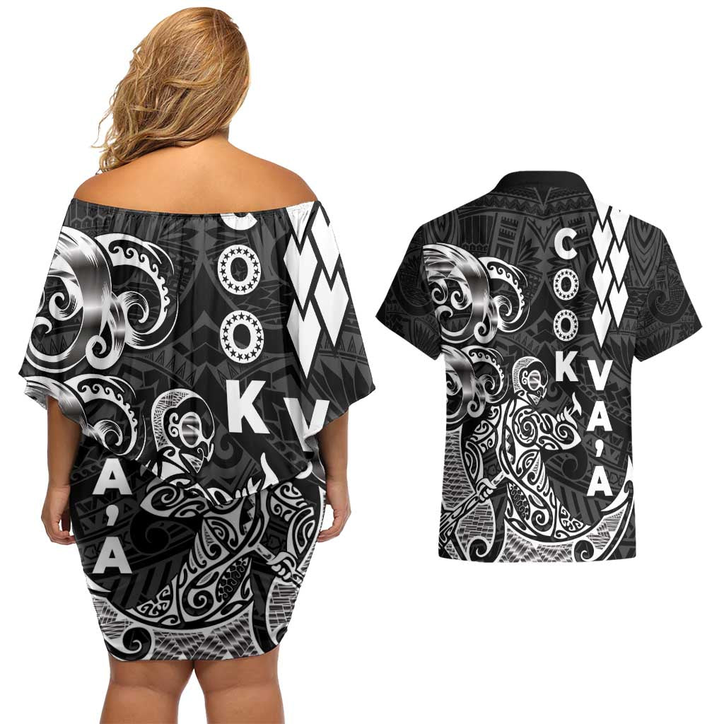 Cook Islands Va'a Polynesian Art Tattoo Couples Matching Off Shoulder Short Dress and Hawaiian Shirt Black Color LT03 - Polynesian Pride