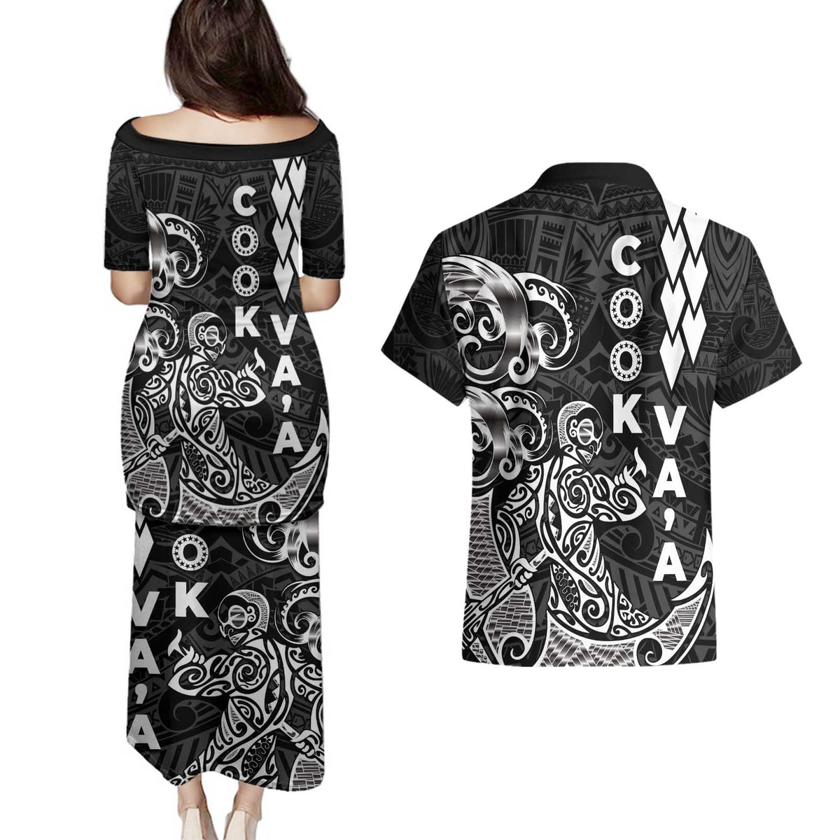 Cook Islands Vaa Polynesian Art Tattoo Couples Matching Puletasi and Hawaiian Shirt Black Color