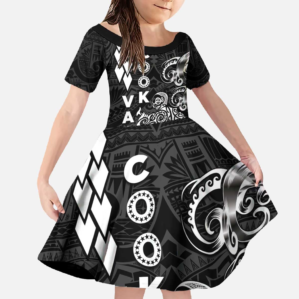 Cook Islands Vaa Polynesian Art Tattoo Family Matching Off The Shoulder Long Sleeve Dress and Hawaiian Shirt Black Color