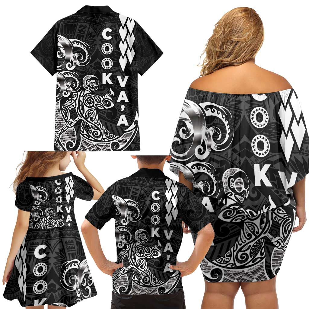 Cook Islands Va'a Polynesian Art Tattoo Family Matching Off Shoulder Short Dress and Hawaiian Shirt Black Color LT03 - Polynesian Pride