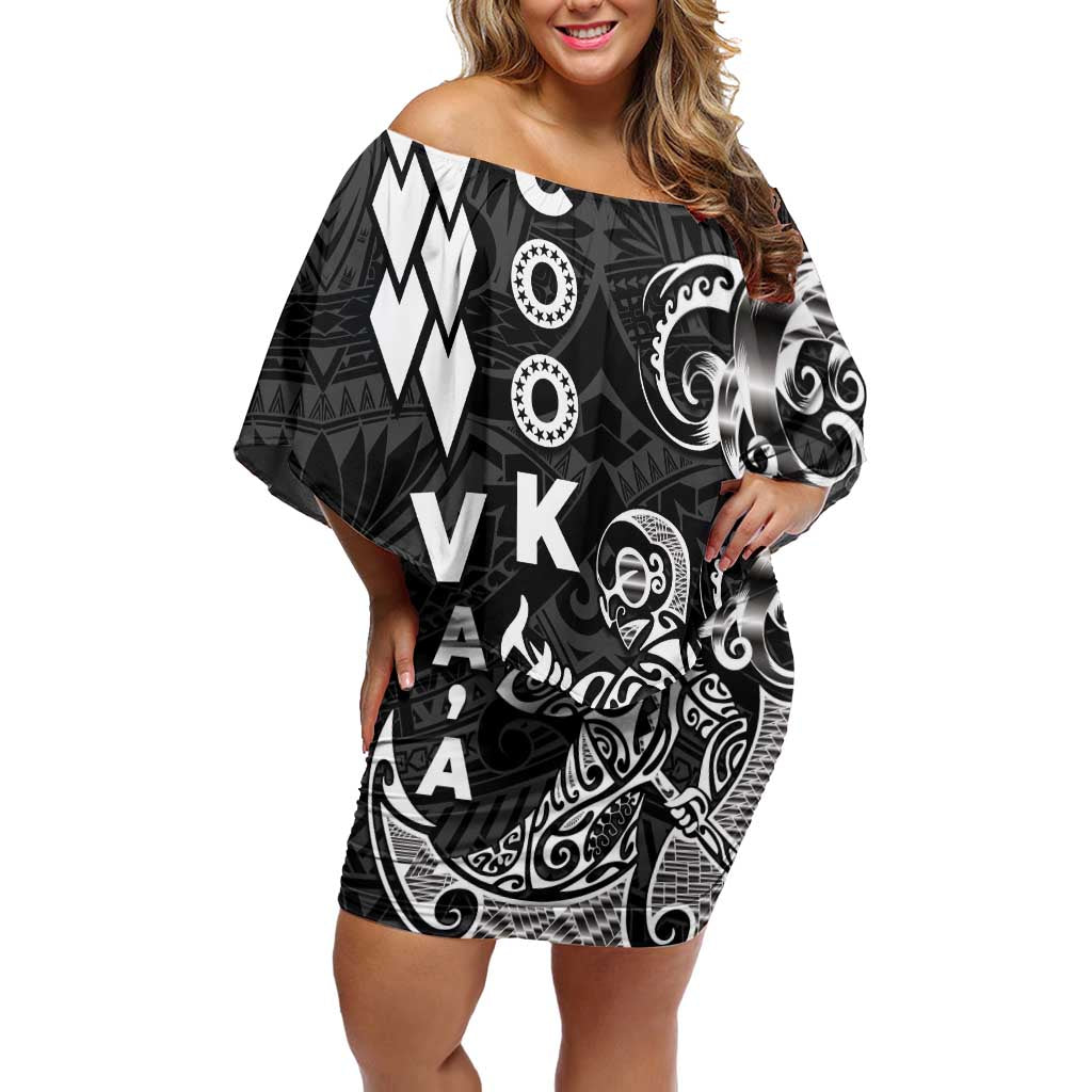 Cook Islands Va'a Polynesian Art Tattoo Family Matching Off Shoulder Short Dress and Hawaiian Shirt Black Color LT03 Mom's Dress Black - Polynesian Pride