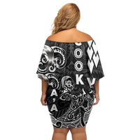 Cook Islands Va'a Polynesian Art Tattoo Family Matching Off Shoulder Short Dress and Hawaiian Shirt Black Color LT03 - Polynesian Pride