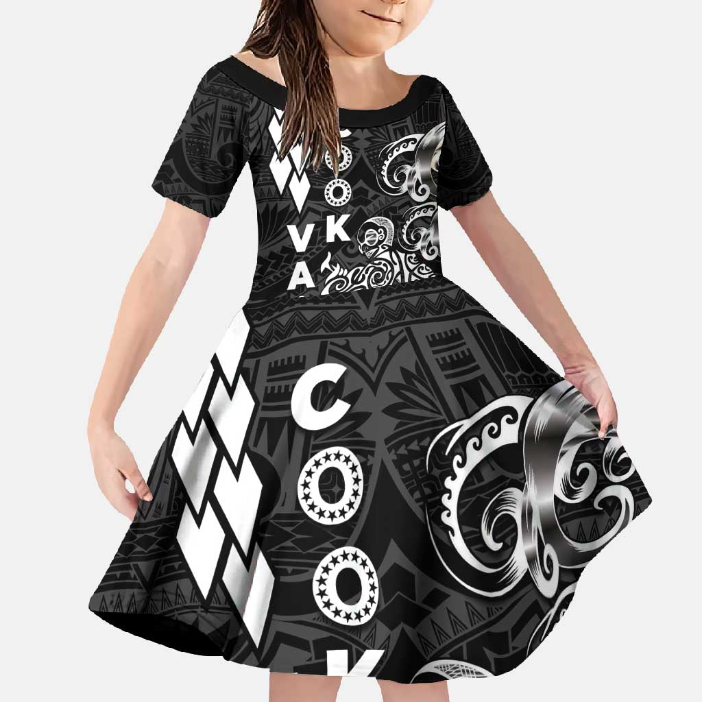 Cook Islands Vaa Polynesian Art Tattoo Family Matching Short Sleeve Bodycon Dress and Hawaiian Shirt Black Color