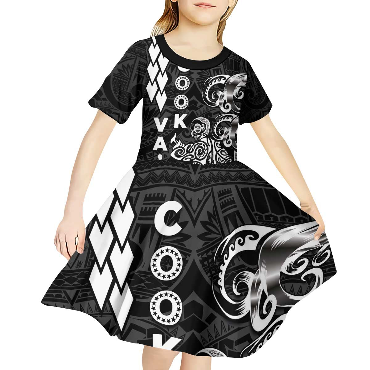 Cook Islands Va'a Polynesian Art Tattoo Kid Short Sleeve Dress Black Color LT03 - Polynesian Pride
