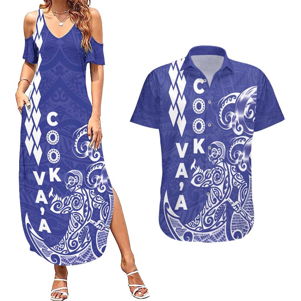 Cook Islands Va'a Polynesian Art Tattoo Couples Matching Summer Maxi Dress and Hawaiian Shirt Blue Color LT03 Blue - Polynesian Pride