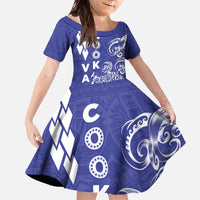 Cook Islands Vaa Polynesian Art Tattoo Family Matching Off The Shoulder Long Sleeve Dress and Hawaiian Shirt Blue Color